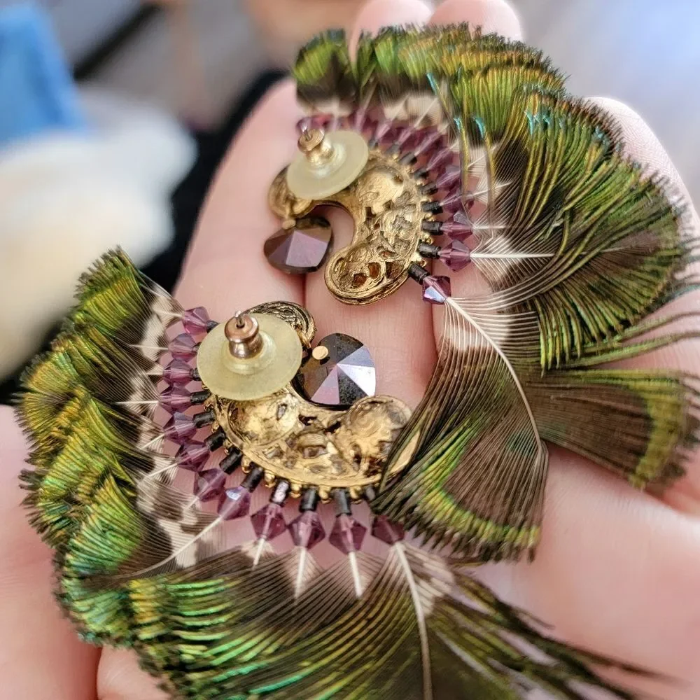 Artisan Filgree Ashlock Peacock Feather Amethyst 23k Gold Plated Earrings